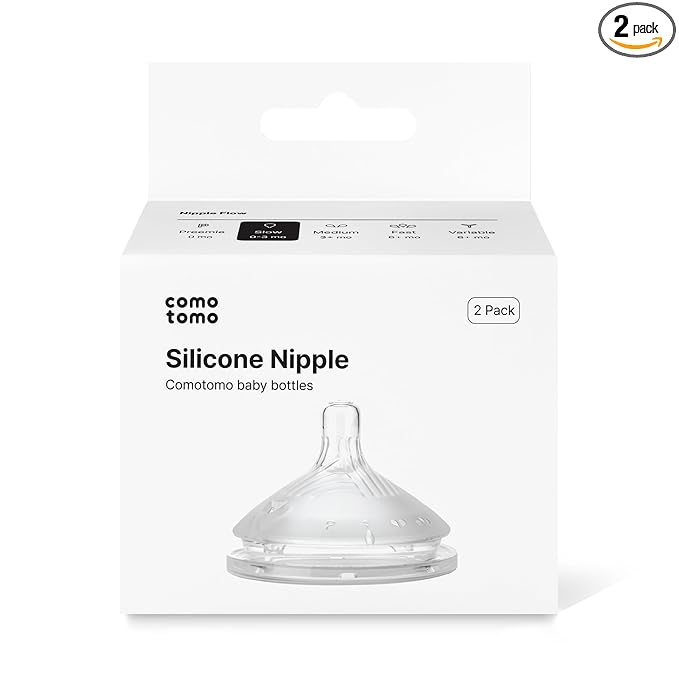 Comotomo Silicone Replacement Nipples for Baby Bottle Gen 2 (2026 Release) - Soft, Silicone Nipples with Dual Anti-Colic Vents Designed for Natural Latch (Pack of 2), Slow Flow (0-3 Months)