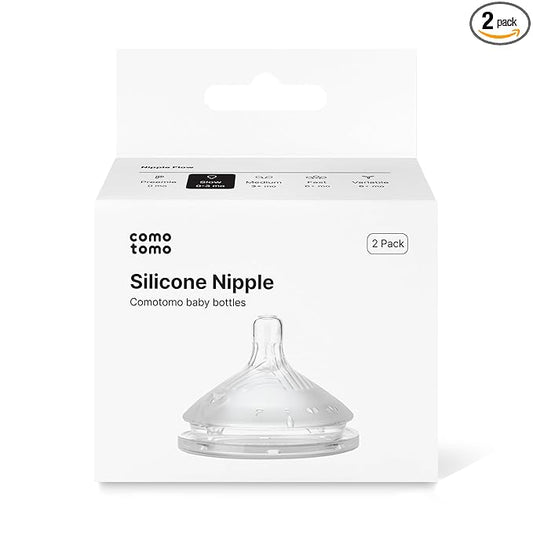 Comotomo Silicone Replacement Nipples for Baby Bottle Gen 2 (2026 Release) - Soft, Silicone Nipples with Dual Anti-Colic Vents Designed for Natural Latch (Pack of 2), Slow Flow (0-3 Months)