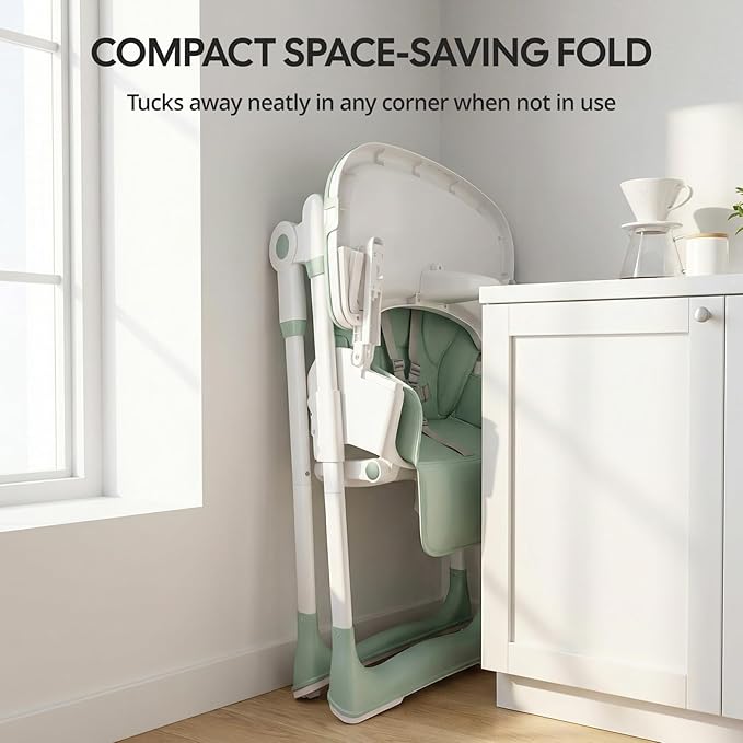 Sunchild 3-in-1 Baby High Chair with Wheels, 5-Point Harness, Tray, Footrest, and Backrest, Foldable and Adjustable for Toddlers 6-36 Months, Green