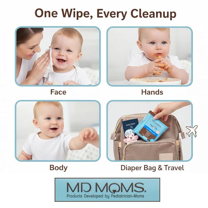 Baby Wipes by MD Moms (4 PACK of 12 ct Travel Pouch) – Sensitive Eczema Approved Hypoallergenic Cleansing Towelettes for Sensitive Skin- 48 Towels in All- Keep Clean Wipes for on the Go Travel Use