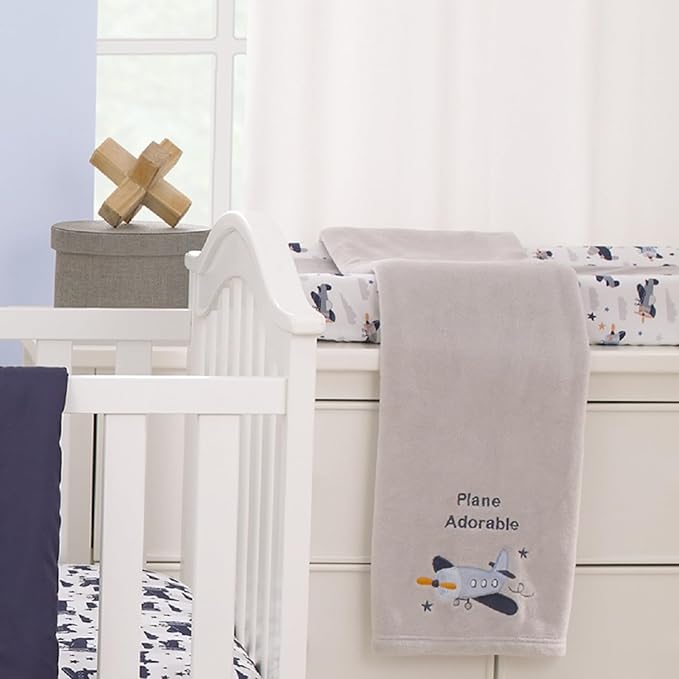 Little Love by NoJo Soar High Lil One Contoured Changing Pad Cover with Airplane Pattern - Soft Plush Center Panel for Baby Comfort - 16" x 32" x 6" - Gray, Navy, Light Blue, and White