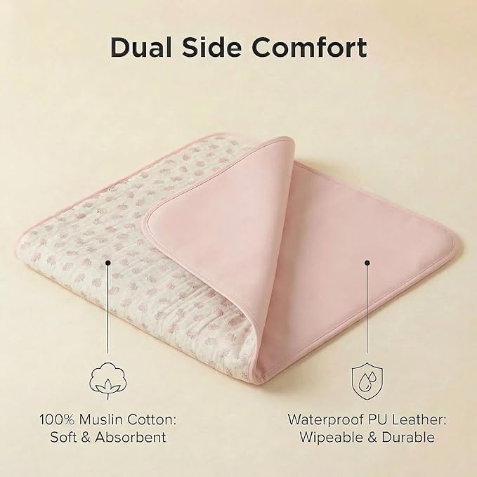 Baby Diaper Changing Pad, 19.7"x25.6" Waterproof Changing Pad Liners with 100% Muslin Cotton Front Top and Leather Back, Soft and Absorbent Portable Changing Mat for Travel, Changing Station