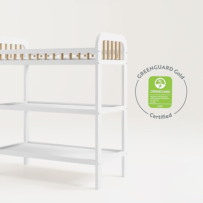 Storkcraft Pasadena Changing Table with Water-Resistant Changing Pad (White with Driftwood) - GREENGUARD Gold Certified, Includes Bonus Water-Resistant Changing Pad with Safety Strap, 2 Open Shelves