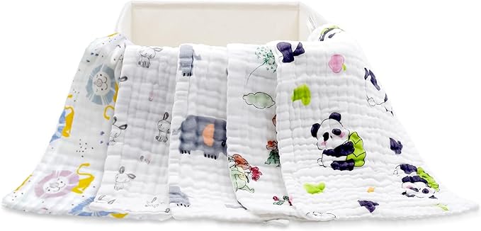 PENG'S M Muslin Burp Cloths 5-Pack 20''x10'' Panda Baby Burping Cloth Set 100% Cotton Washcloths 6 Layers Baby Essentials Super Soft and Absorbent