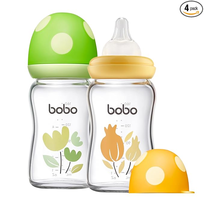 YOHKOH Natural Glass Baby Bottle with Level 1 Slow Flow Nipple, Newborn Anti-Colic Baby Bottles, Wide Neck Mushroom Baby Glass Bottle (Multicolour1, (5.4oz (Pack of 2))