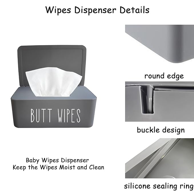 Butt Wipe Holder Flushable Baby Wipe Container Dispenser for Nursery Diaper Easy to Access,7.28" L x 4.80" W x 2.75" H (Grey)
