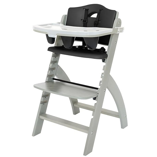 Abiie Beyond Junior Wooden High Chair for Babies and Toddlers - Convertible 3-in-1 Baby Highchair with Removable Tray - 6 Months to 250 Lb - Water Resistant - Misty Grey Wood with Black Pearl Cushion