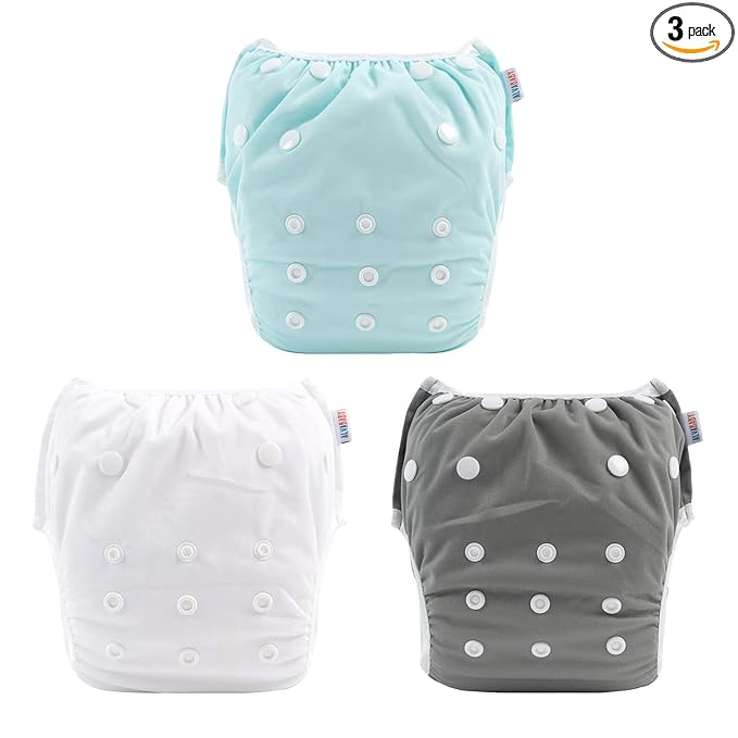 ALVABABY Baby Swim Diapers 3pcs One Size Reuseable Washable & Adjustable for Swimming Lesson & Blue Gray White 3SWY18