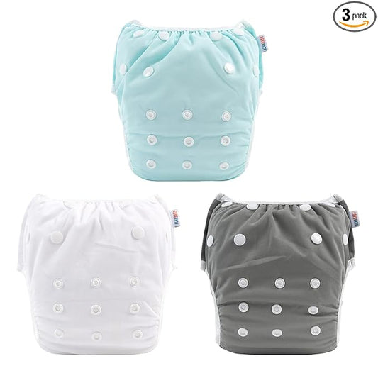 ALVABABY Baby Swim Diapers 3pcs Large Size Reuseable Washable & Adjustable for Swimming Lesson & Blue Gray White 3ZSWY18