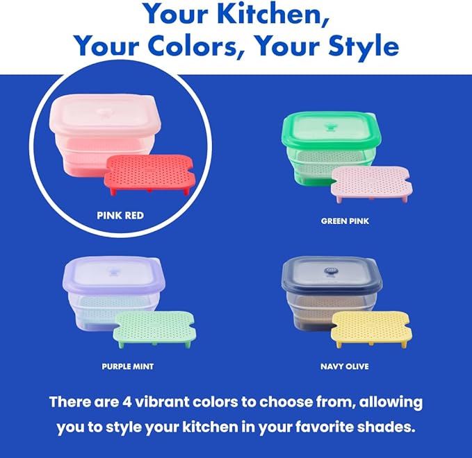 PushLock Collapsible Food Storage Container&Smart Cooking Steam Tray, Space-Saving, Platinum Silicone, Microwave&Freezer&Dishwasher Safe, for Cooking&Leftovers, BPA-Free, 60oz per Unit (PINK&RED)