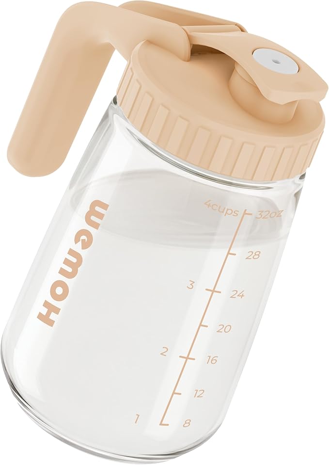 32oz Breast Milk Pitcher, 3X-Thick Heat & Cold Resistant Borosilicate Glass, Leakproof Breat Milk Fridge Storage Container with Wide Mouth & Ergo Grip, Dishwasher Safe, Fast Baby Formula Maker(Pink)