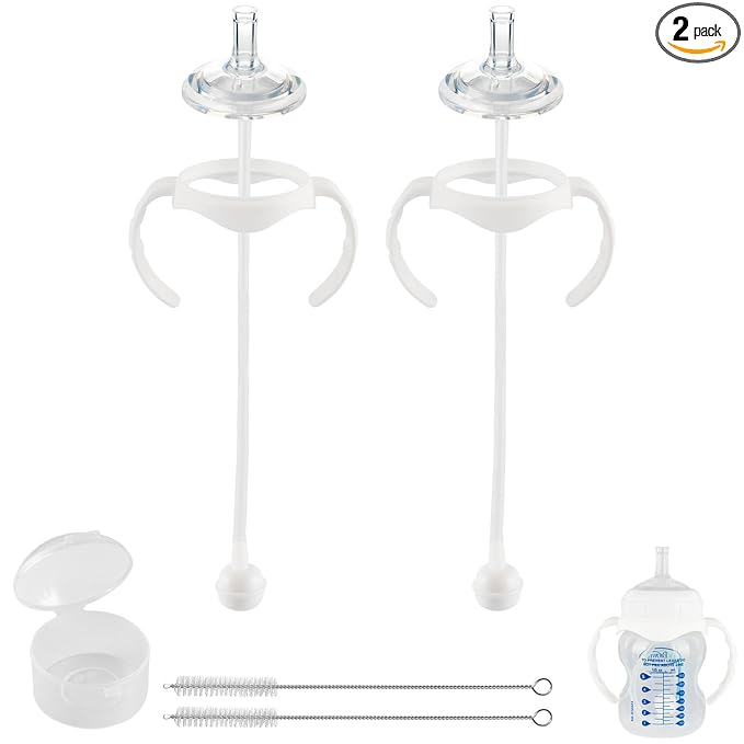 Sippy Straw Cup Conversion Kit for Dr Browns Wide-Neck Baby Bottles, Spill-Proof Transition Kit with Silicone Sippy Nipple, Weighted Straw, Handle, 2 Pack, 8m+