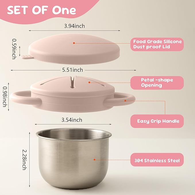 Bufilea 1 Pack Snack Containers for Toddlers, Stainless Steel Toddler Snack Cups with Silicone Food Catcher & Lids,Snack Cups for toddlers Spill Proof