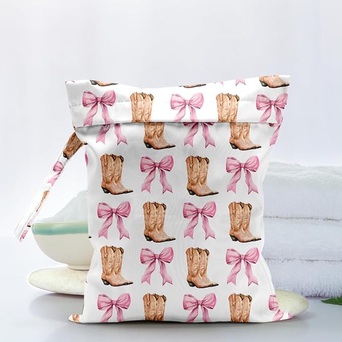 Waterproof Cloth Diaper Wet Dry Bag Reusable Travel Beach Pool Daycare Soiled Toddler Items Yoga Gym Bag for Swimsuits Wet Clothes Bags - Western Boots Bow Pattern