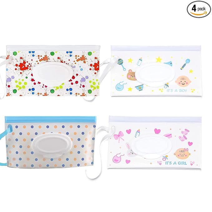 Baby Wipes Dispenser, 4 Pack Reusable Baby Wipe Holder Box, Refillable Baby Wipes Container Travel Wet Wipes Case with Reusable Wipes Pouch for Home