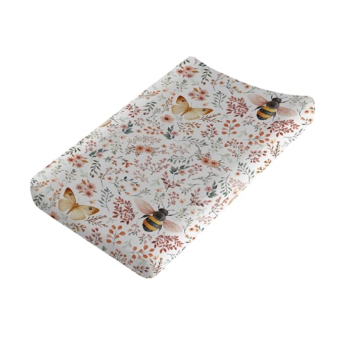 Honey Bloom Bees Butterflies Floral Baby Changing Pad Covers for Boy Girl 32''x16'' Sweet Bees Honey Flowers Fitted Diaper Changing Table Sheets Spring Soft Breathable Nursery Changing Table Mats