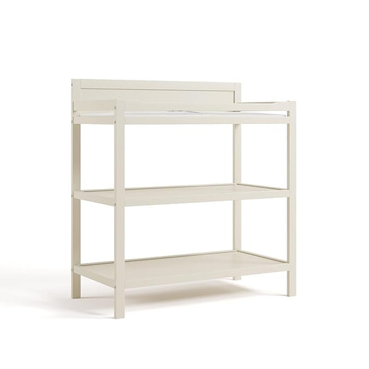 Storkcraft Alpine Changing Table (Frosted Oat) - Includes Water Resistant Changing Pad with Safety Strap, 2 Open Shelves for Storage