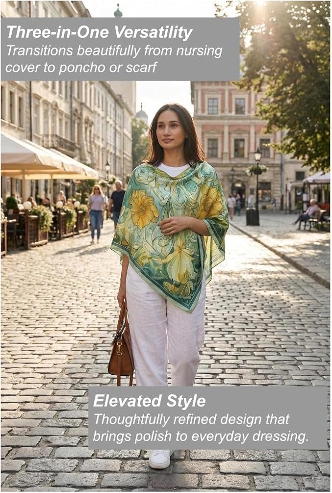 Le Veilea 3-in-1 Silk Nursing Cover - 100% Silk Twill Breastfeediing Cover, Baby-Friendly, Converts to Stylish Poncho & Refined Scarf, Lightweight & Breathable