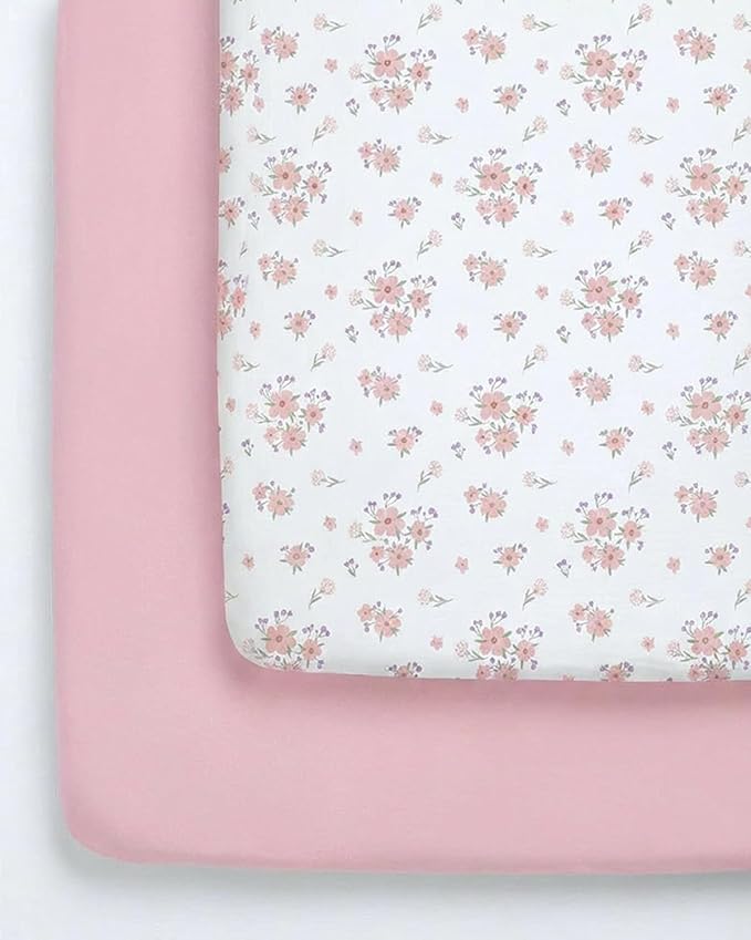 Pack and Play Sheets Fitted - 2 Pack Mini Crib Sheets for Pack N Play Mattress - Unisex Playard Microfiber Bedding for Boys & Girls - Soft, Breathable and Wrinkle Free - Oeko-Tex, 38 x 26in - Floral