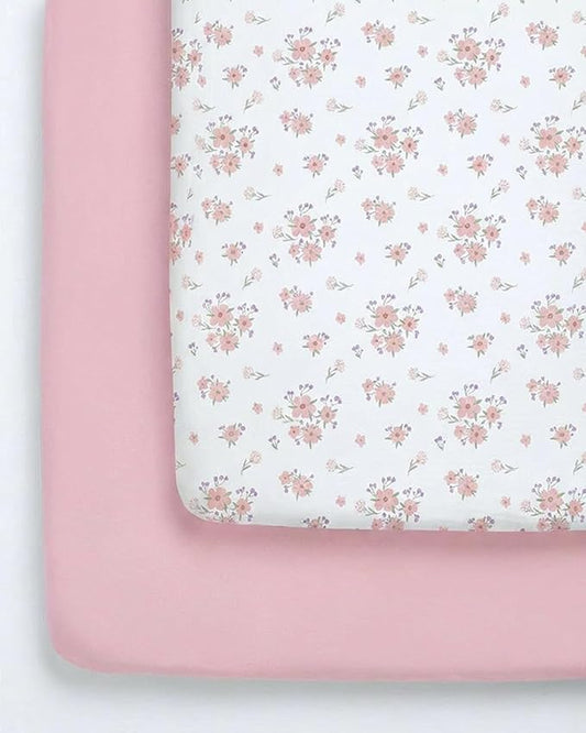 Pack and Play Sheets Fitted - 2 Pack Mini Crib Sheets for Pack N Play Mattress - Unisex Playard Microfiber Bedding for Boys & Girls - Soft, Breathable and Wrinkle Free - Oeko-Tex, 38 x 26in - Floral