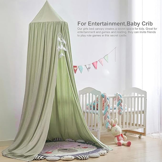 Bunnikins & Clover Bed Canopy for Girls Boys Bedroom Decor, Round Dome Mosquito Net for Baby Crib, Nook Castle Game Tent Nursery Decoration for Child, Play or Reading (Pea Green)