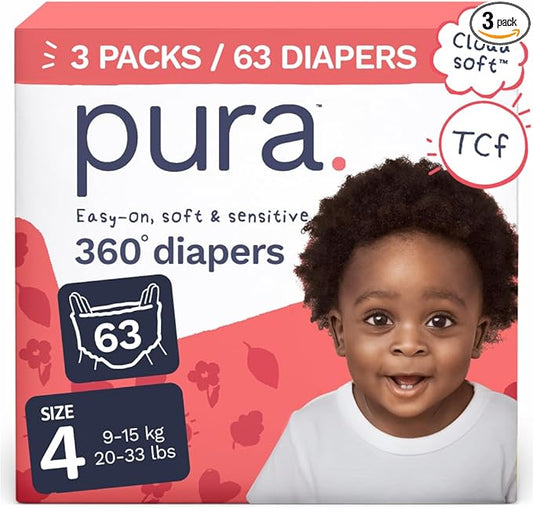 Pura 360° Diaper Pants Size 4, 63 Count, 20-33lbs, TCF, Stretch Fit, Pull On Diaper for Hypoallergenic & Sensitive Skin, Up to 12 Hours Overnight Leak Protection
