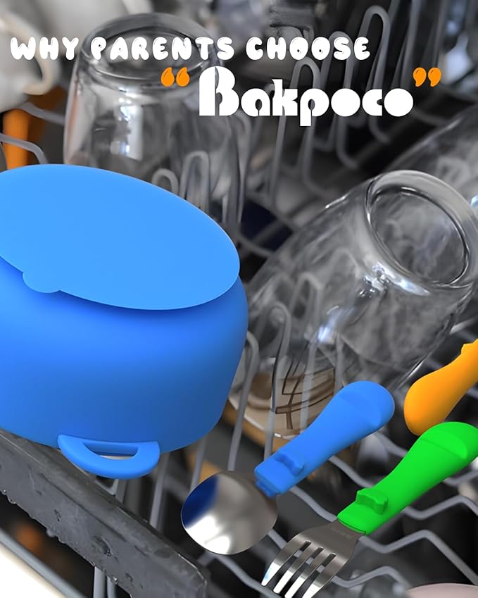 Bakpoco 6PCS Toddler Utensils, 316 Stainless Steel Baby Safe Forks + Spoons with Silicone Handle, BPA Free Dishwasher Safe Kids Silverware Cutlery with Box, Bright Orange/Blue/Green