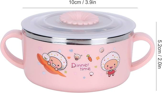 Zerodis 304 Stainless Steel Toddler Bowl with Double Layer Heat Insulation, Cartoon Design, Lid and Handles - Feeding Tableware