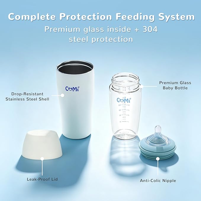 COMI Glass Baby Bottle, Includes Insulated Stainless Steel Sleeve, Newborn Anti-Colic Baby Bottle with Slow Flow Nipple, Leak Proof Insulated, Plastic-Free, BPA-Free, 0-3 Months, 8 oz