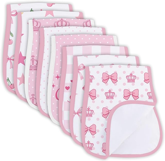 8 Pack Burp Cloths Organic Cotton, Pink Bows Baby Burp Cloths Girls, Absorbent Baby Burping Cloth, Soft Burping Cloth Set for Feeding, New Mom Gifts for Newborns Essentials Gift Set, 19”x9”