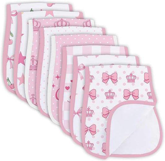 8 Pack Burp Cloths Organic Cotton, Pink Bows Baby Burp Cloths Girls, Absorbent Baby Burping Cloth, Soft Burping Cloth Set for Feeding, New Mom Gifts for Newborns Essentials Gift Set, 19”x9”