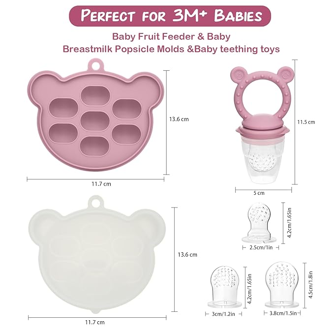 Baby Breastmilk Popsicle Molds & Baby Fruit Feeder (2 Pack), Infant Food Freezer Tray Storage Containers, Silicone Teething Pacifier Feeder and Teether for Babies - Blush