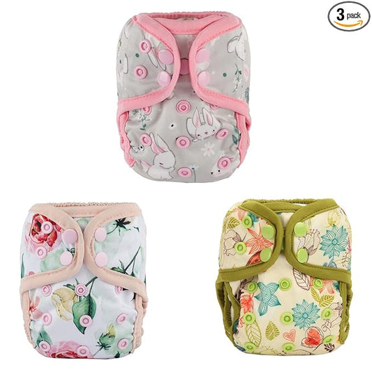 3 Newborn Baby Diaper Nappy Covers 8lbs-10lbs for Girls (Floral Bloom Rabbit Pack)