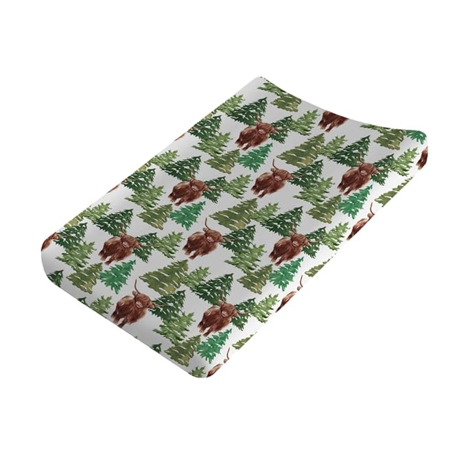 Highland Cows Christmas Pine Trees Changing Pad Cover Yak Winter Forest Diaper Changing Pad Cover Sheets for Boys Girls Soft Stretch Fitted Diaper Change Table Mats Covers 32''x16''
