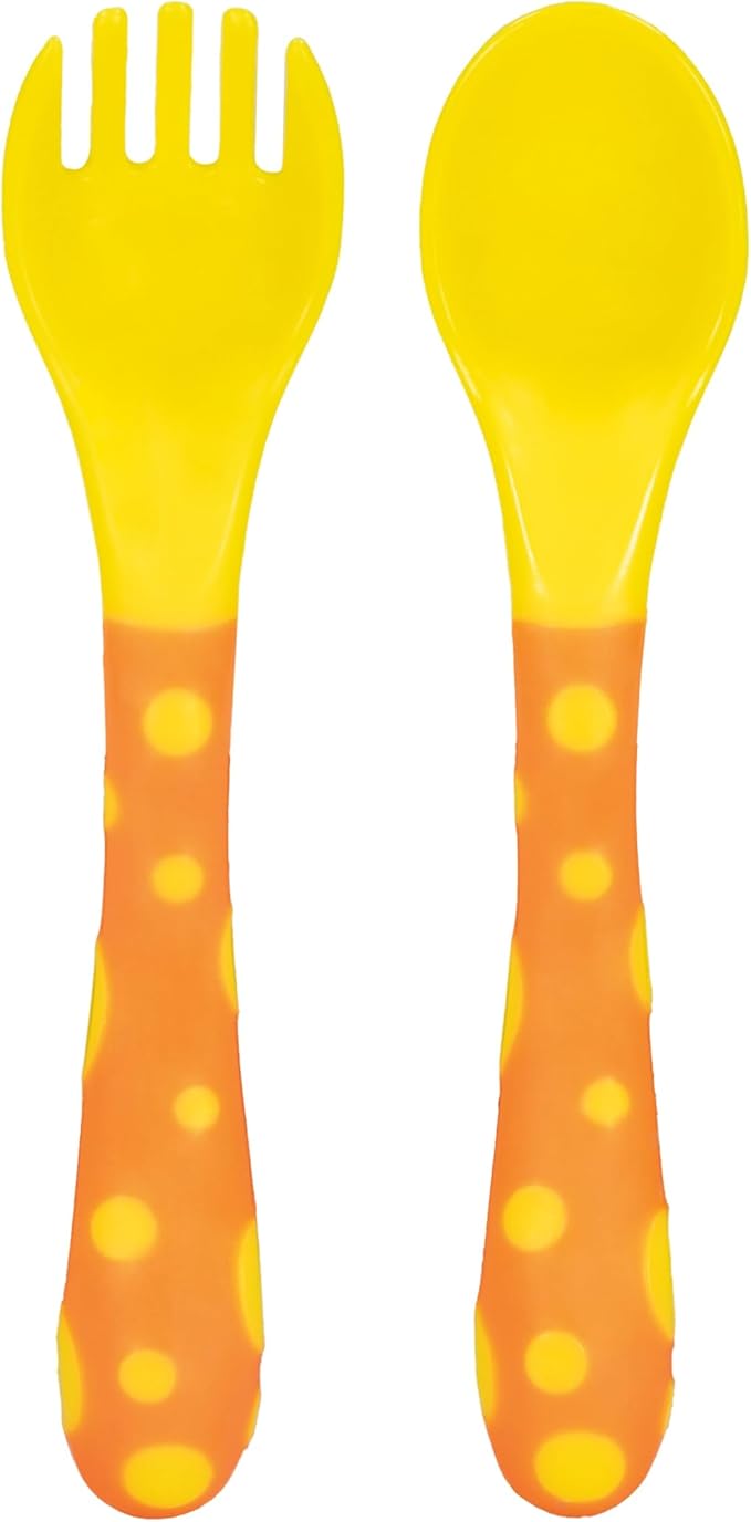 Nuby Toddler Spoons and Forks Set for Self-Feeding - 4 Pack - Toddler Utensils with Easy Grip Handles for Kids - Dishwasher Safe - 12+ Months - Yellow/Orange & Blue/Green