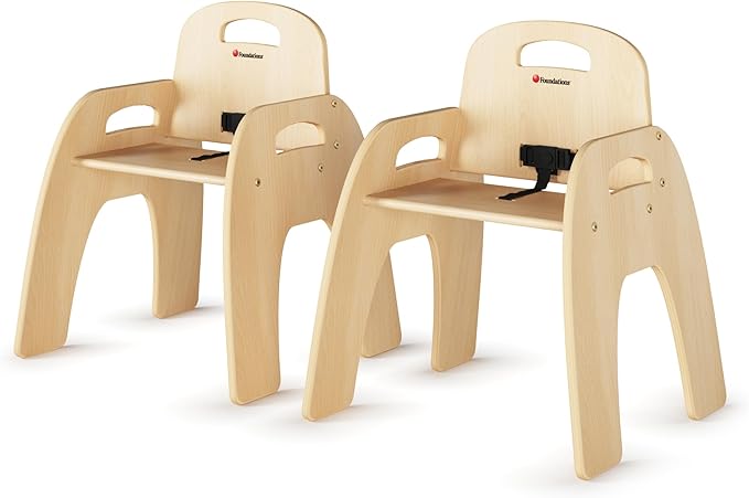 Foundations Simple Sitter 13” Low Wood Feeding Chairs, Wide No-Tip Base, Adjustable Safety Harness, Stackable Wood Toddler Chairs with Wipeable Finish, 2 Pack