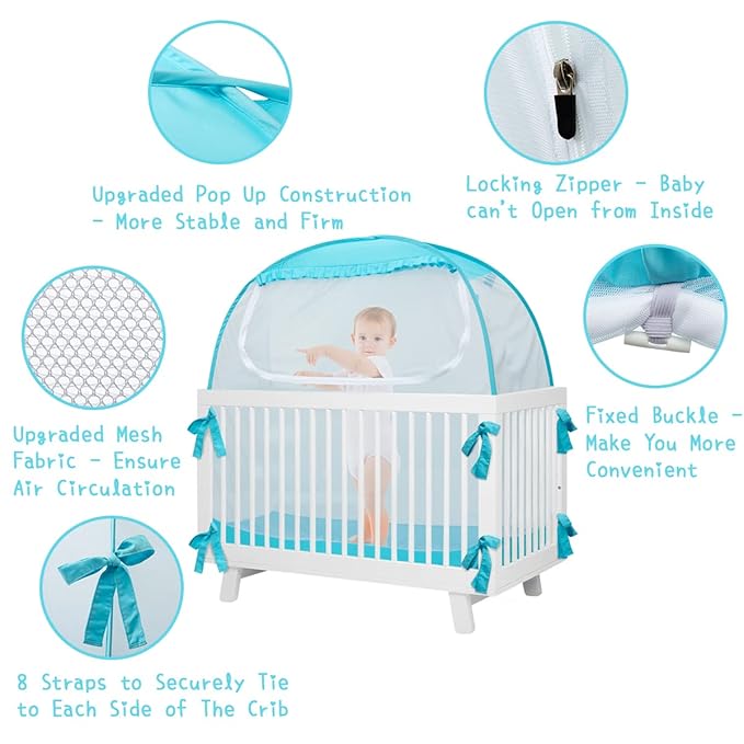 L RUNNZER Baby Pop Up Tent, Toddler Safety Net to Keep Baby from Climbing Out, See-Through & Breathable Crib Canopy Against Falls & Bites, Fits Most Standard Cribs