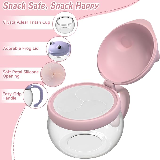 SELEWARE 2 Pack Toddler Snack Cups No Spill Snack Containers for Kids with Spill-Proof Lid & Handle, 12.3 Oz BPA-Free Plastic Baby Snack Catcher, Dishwasher Safe, Cute Frog Design (Pink & Purple)