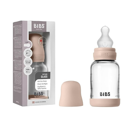 BIBS Baby Glass Bottle. 4 US fl oz / 120 ml. Anti-Colic. Vented Silicone Nipple. Supports Natural Breastfeeding, Slow Flow, Complete Set - Blush