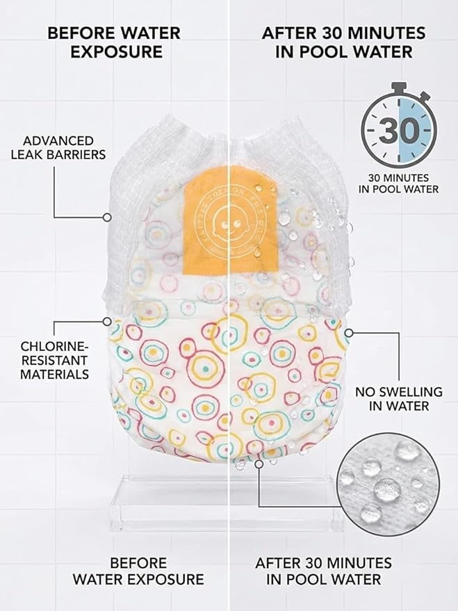 Little Toes Premium Natural Disposable Swim Diapers, Size 3-4 Medium (20-30 lbs) (12 Count) | Baby Disposable Swim Diapers | Hypoallergenic, Chlorine & Fragrance-Free | Gentle on Sensitive Skin