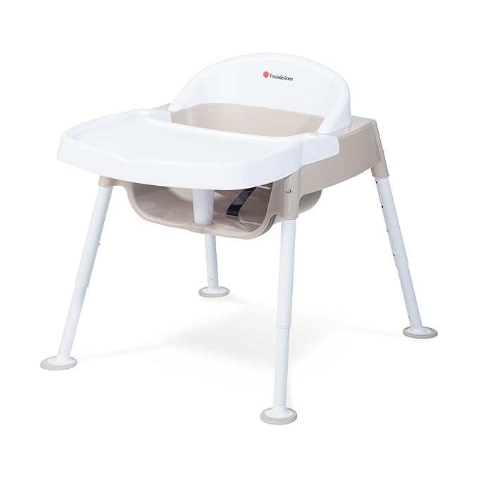 Foundations Secure Sitter 7-13" Adjustable Height Feeding Chair, 1 Pack, Stable “No Tip” Feet, 3-Point Adjustable Harness, Removable Tray, Easy to Clean, Smooth Plastic, White/Tan