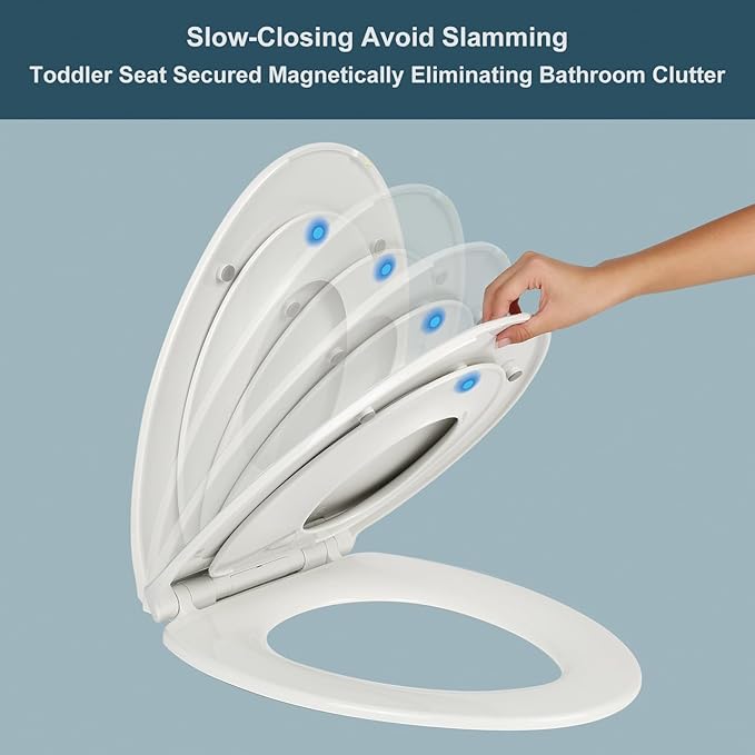 Round Slow Close Toilet Seat with Toddler Seat Built In, Potty Training Seat, Easy to Install and Remove, Never Loosen, White