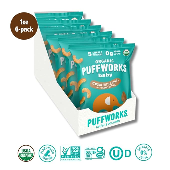 Puffworks Baby Organic Almond Butter Puffs, with Peanut Butter, Plant Protein, USDA Organic, Gluten-Free, No Added Sugar, Vegan, Non-GMO, Kosher, 1.0 Ounce (Pack of 6)