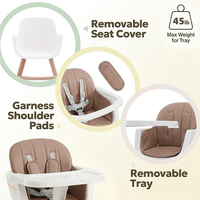 Mallify 3-in-1 Wooden High Chair, Convertible High Chairs for Babies and Toddlers, Baby Highchair with Adjustable Legs & Dishwasher-Safe Tray, Sleek Hardwood & Premium PU Cushion, Brown