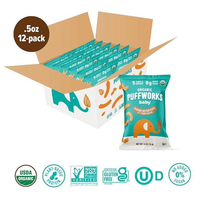 Puffworks Baby Organic Almond Butter Puffs, with Peanut Butter, Plant-Based Protein, USDA Organic, No Added Sugar, Gluten-Free, Vegan, Non-GMO, Kosher, 0.5 Ounce (Pack of 12)