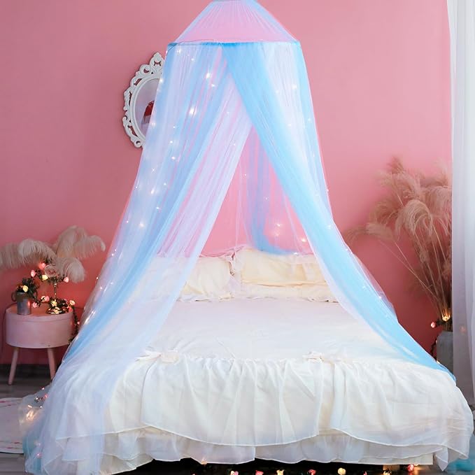 Princess White Blue Bed Canopy with Warm Fairy Lights for Girls Bed Net,Princess Canopy for Kids Bed Room Decor