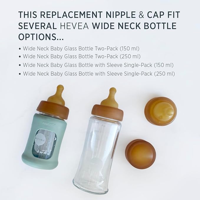 HEVEA Wide Neck Baby Bottle Cap - Glass Bottle Cap Single-Pack - 100% Natural Rubber 0+ Months, Free from Plastic, BPA, and Phthalates