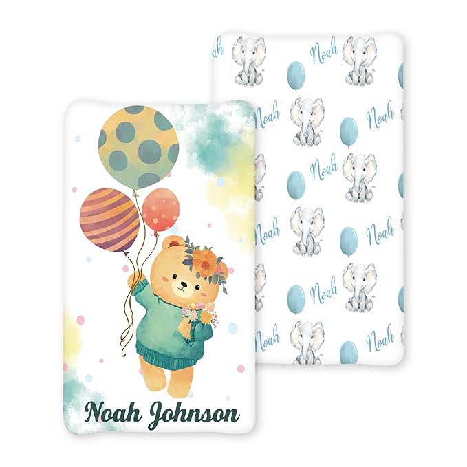 Personalized Baby Changing Pad Cover with Name - 2 Piece Green Bear Printing Baby Pee Pad Cover for Diaper Changing Table, Portable Custom Gifts for Infant Baby