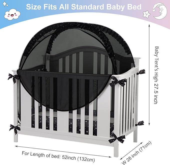 Crib Tent Safety Crib Net to Keep Baby in, Black Pop up Cribs Cover to Keep Baby from Climbing Out, Breathable Mesh Blackout Mosquito Net for Toddler Bed