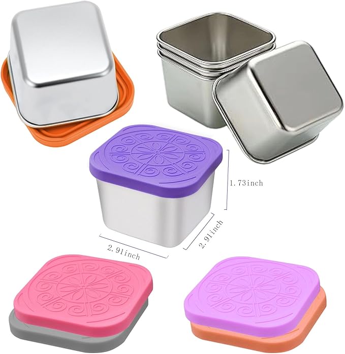 304 Premium Stainless Steel Snack Containers with Silicone Lids, Snackle Box Containers, Easy-Open Leak-Proof Kids for Taking Out for a Picnic, Lunch Box and Travel. (Red Orange Blue-3, 6 OZ)